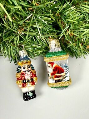 Two Mini Old World Christmas Glass Ornaments Santa Lantern and Nutcracker 2,5"